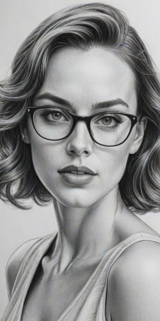 Alluring Jessica McNamee, pencil sketch, portrait of Resplendent woman 1951s in glasses, hair style beatnik, outline, clear lines, fine lines, 8k