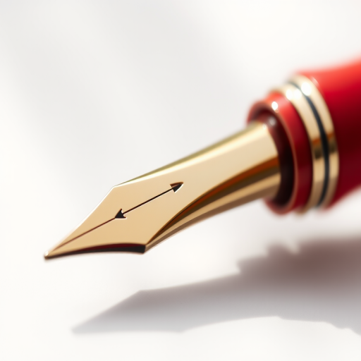 illustration of a fountain pen with a red body and orange nib, soft focus, f/2.8 aperture, 50mm lens, DSLR camera, natural light