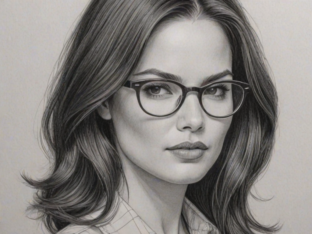Magnificent Katrina Law, pencil sketch, portrait of Bewitching woman 1969s in glasses, hair style beatnik, outline, clear lines, fine lines, 8k