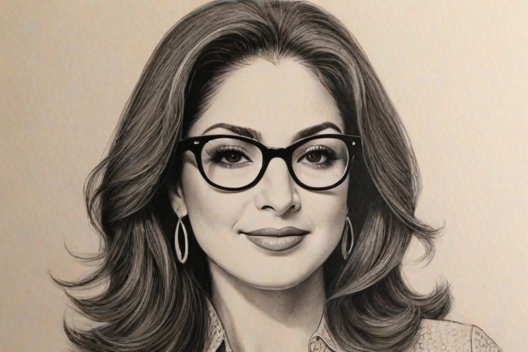Elegant Gloria Estefan, pencil sketch, portrait of Wonderful woman 1966s in glasses, hair style beatnik, outline, clear lines, fine lines, 8k