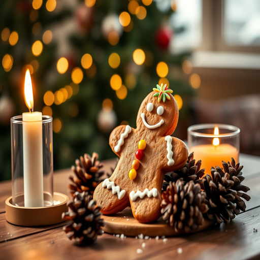 Gingerbread man decorated with colorful icing and candy sitting on a wooden table surrounded by a candle and pine cones, softly lit with a bokeh background of Christmas trees, DSLR, 50mm lens, f/1.8, ISO 200, natural light.
