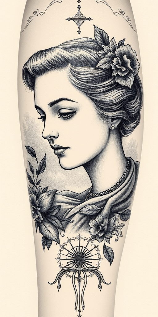 Engraving-style tattoo called "Etched Memories" mimicking the look of vintage engravings with fine lines and crosshatching to create detailed scenes or portraits, celebrated for its classical and sophisticated aesthetic