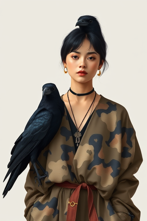 create a digital art illustration of a young woman in a stylish layered outfit with abstract patterns, two crows perched beside her, using a Canon EOS R5 with a 50mm lens, aperture set to f/1.8, ISO 100, natural lighting, in a minimalist studio setting for enhanced image quality
