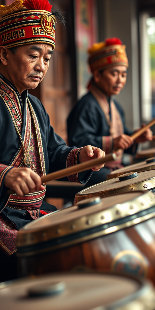 Capture a close-up shot of two traditional musicians playing a large set of gongs, showcasing their intricate attire and focused expressions, using a Canon EOS 5D Mark IV with a 50mm lens, aperture f/2.8, ISO 100, and a soft, natural light setting.