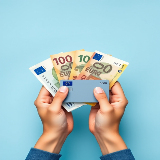 Create an image depicting a pair of hands holding euro banknotes (200, 100, 50) on one side and a contactless credit card on the other side, in a modern flat design style, with a soft pastel blue background, captured using a DSLR camera at f/2.8, ISO 100, 50mm focal length, with a top-down view for enhanced clarity and detail.