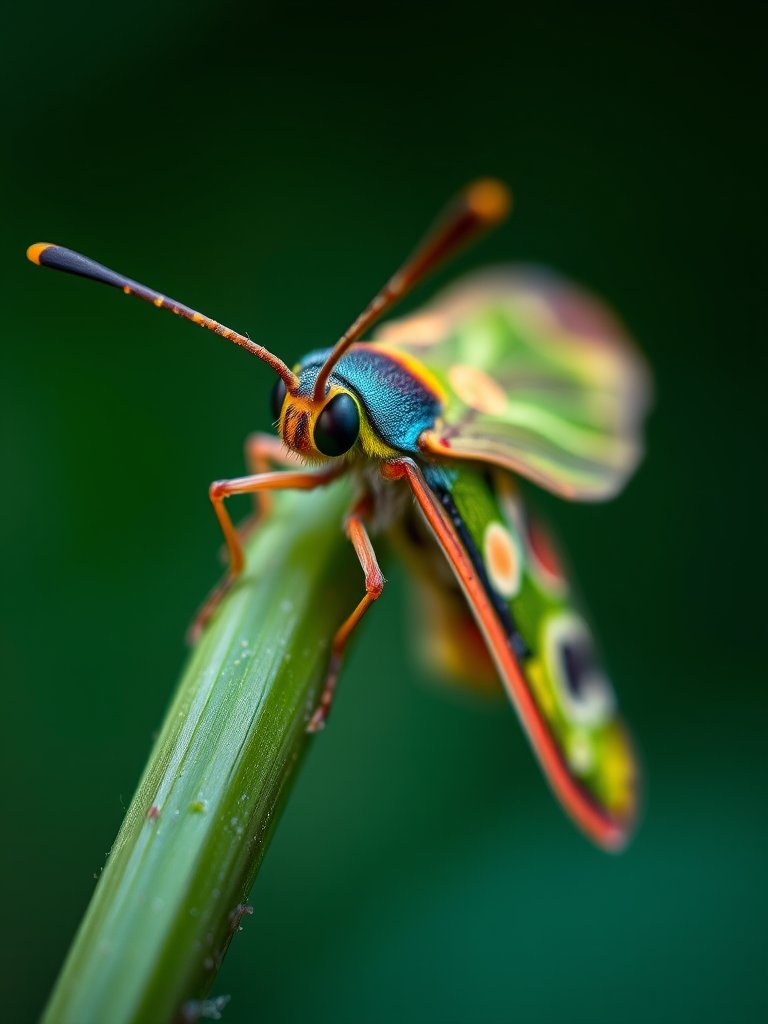 macro shot of a colorful moth resting on a green plant stem, soft natural lighting, shallow depth of field, ISO 200, f/2.8, 1/200 sec, 100mm macro lens, DSLR camera, focus on moth details and vibrant colors