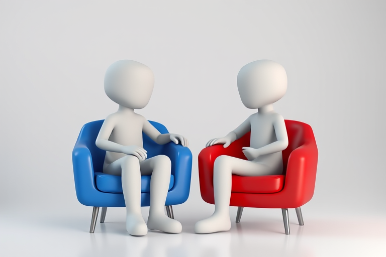 two 3D humanoid figures sitting in a blue and red chair respectively, engaged in conversation, soft lighting, high-resolution, focal length 35mm, aperture f/2.8, ISO 100, studio lighting setup, front view, render with smooth textures and realistic shadows