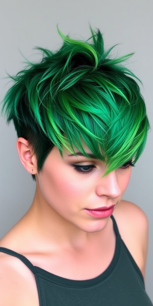 Emerald green pixie cut with choppy layers and a spiky crown, called "Evergreen Punk," featuring darker jade lowlights and a shimmering lime green fringe
