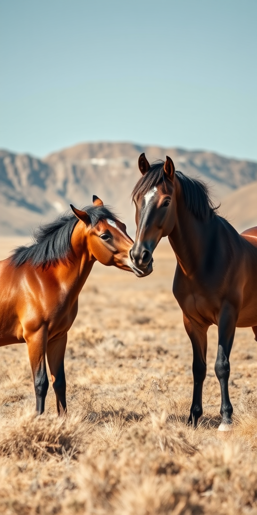capture two horses playfully nuzzling in a vast open field with rocky hills in the background, using a DSLR camera with a 50mm lens, aperture f/2.8, ISO 200, shutter speed 1/500s, in natural light for soft shadows and enhanced texture detail.