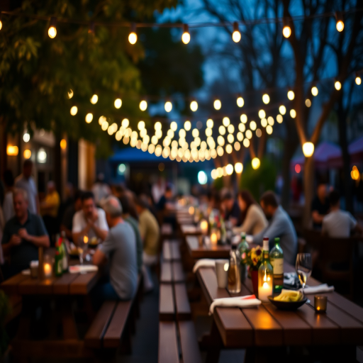 a lively outdoor dining scene at dusk with string lights illuminating the area, focus on a crowd enjoying their meals at wooden picnic tables, shallow depth of field, 50mm lens, f/1.8 aperture, ISO 200, soft bokeh background, captured with a DSLR camera