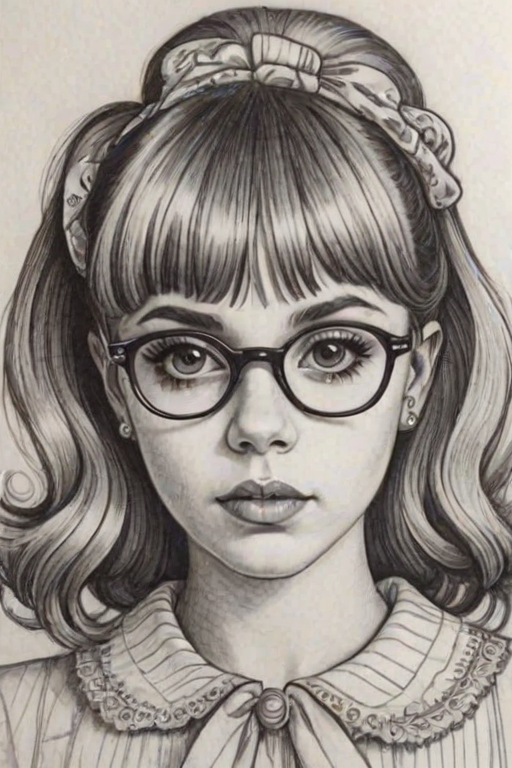 Lovely Melanie Martinez, pencil sketch, portrait of Enchanting woman 1960s in glasses, hair style beatnik, outline, clear lines, fine lines, 8k