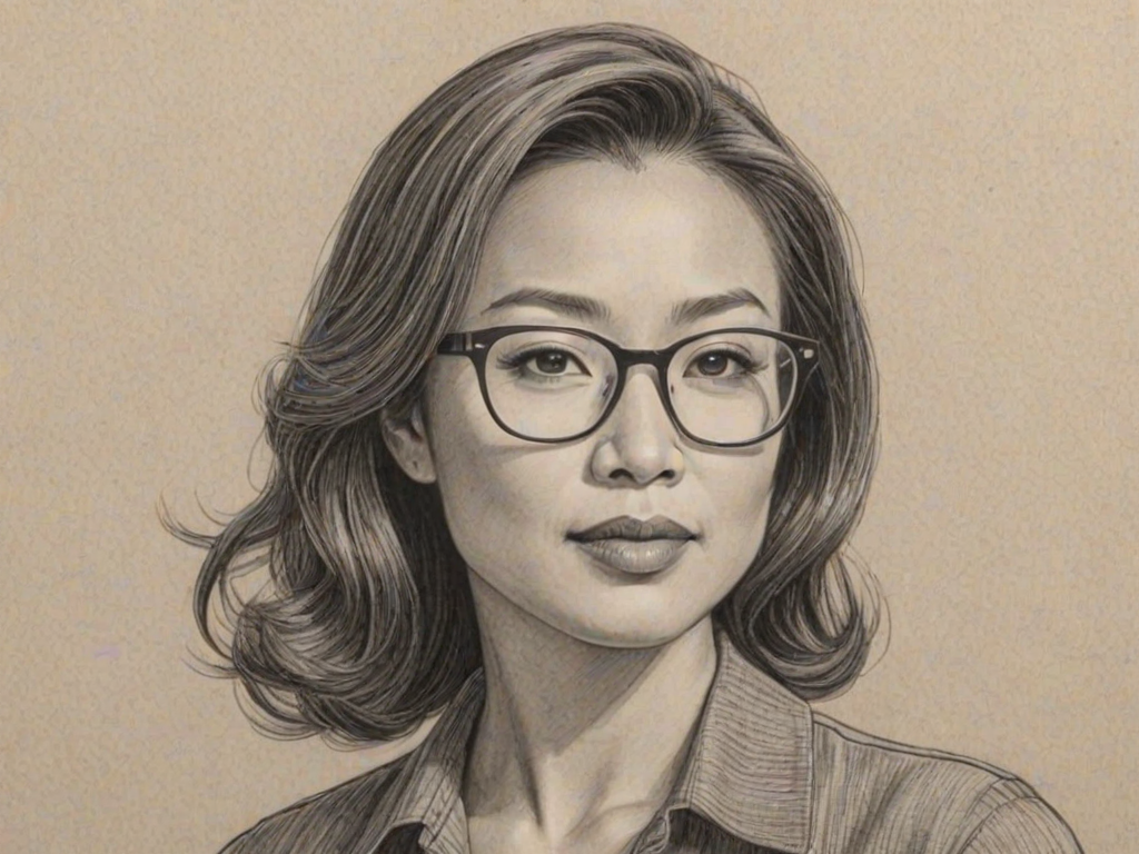 Graceful Ming-Na Wen, pencil sketch, portrait of Wonderful woman 1941s in glasses, hair style beatnik, outline, clear lines, fine lines, 8k