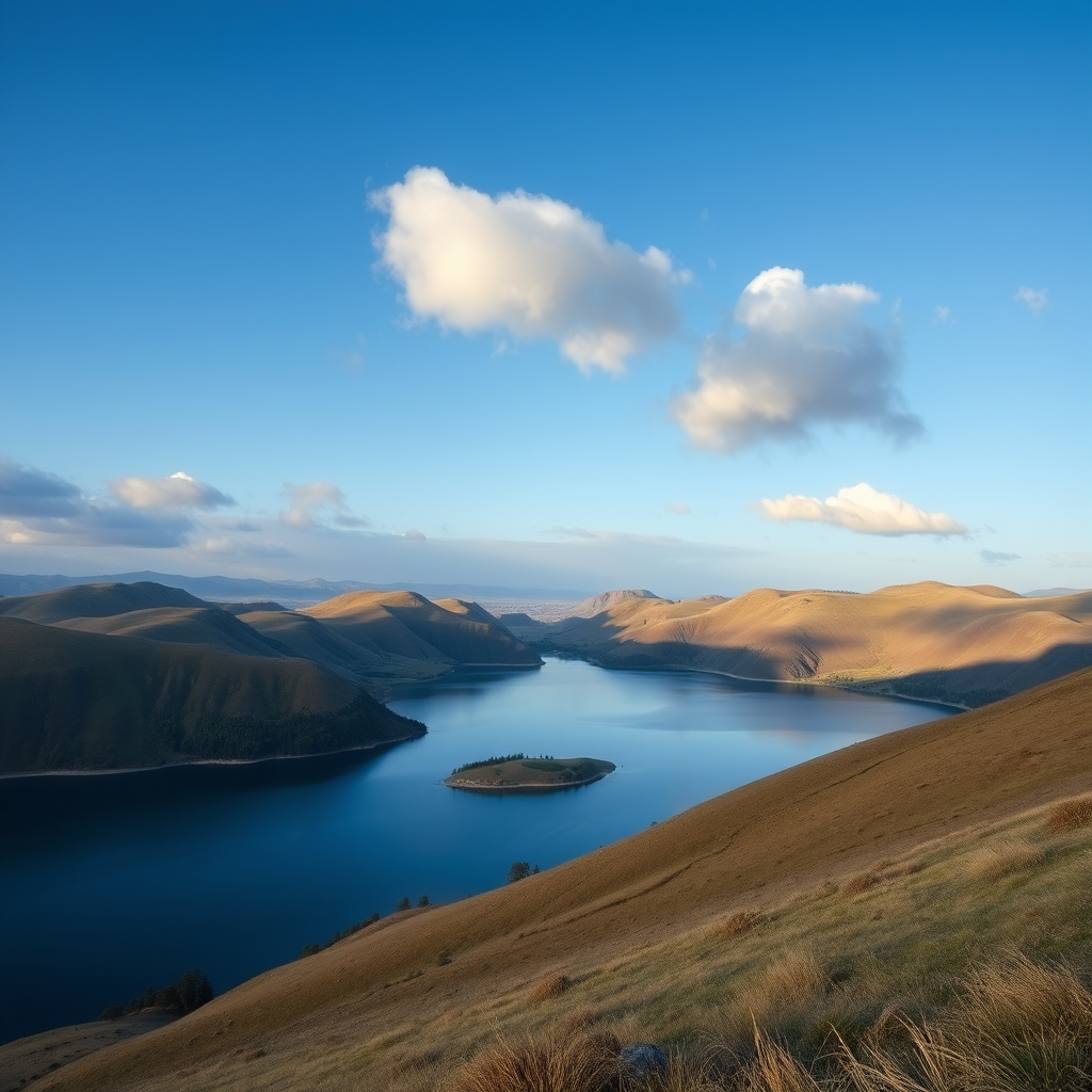 Create a high-resolution image of a serene landscape featuring rolling hills, a calm lake reflecting the sky, and a few scattered clouds, captured with a Canon EOS R5, 24mm f/1.4 lens, aperture set to f/8, ISO 100, shutter speed 1/250 sec, in natural daylight with a wide-angle view.