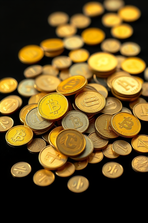 create a detailed illustration of a pile of coins in various shades of yellow and green on a black background, shot with a Canon EOS R5 at f/8, ISO 100, with a 50mm lens, using a macro view to enhance texture and depth, in natural soft lighting for optimal color contrast