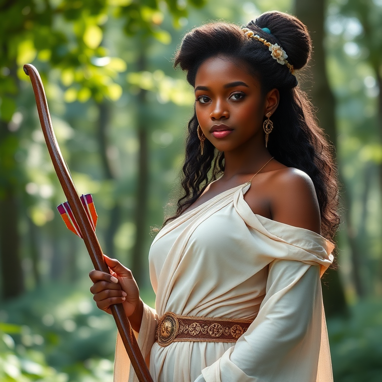 Create a portrait of a goddess-like Afro-Caribbean girl figure in a tranquil, forested environment. She has an elegant appearance with long, wavy hair styled in an updo and adorned with a delicate, floral headband. She wears a flowing, ancient Greek-inspired gown in a soft, pale color, featuring a one-shoulder design and draped fabric that accentuates her graceful form. The outfit includes a decorative belt with ornate gold detailing, and she holds a bow in her hand, with a quiver of arrows slung over her shoulder. The background depicts lush greenery, with sunlight filtering through the trees, casting a gentle, ethereal light on the scene. Her expression is calm and contemplative, embodying a sense of wisdom and serenity.