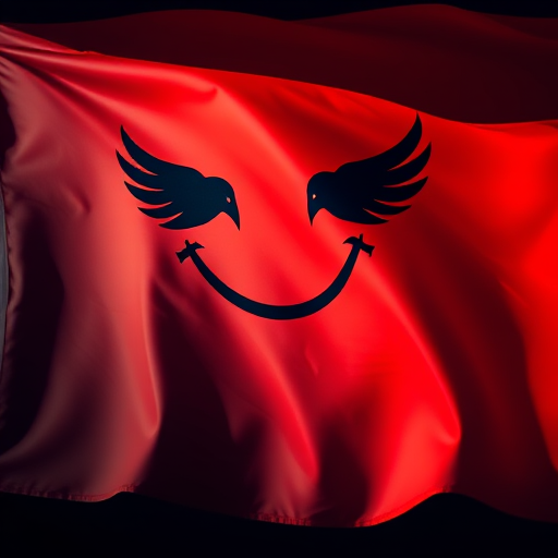Create an image of a flag with a stylized smiling face design, featuring two birds on either side, with dramatic lighting and shadows to create depth, using a DSLR camera with a 50mm lens at f/1.8, ISO 100, and a shutter speed of 1/200 sec, in a vibrant color palette.