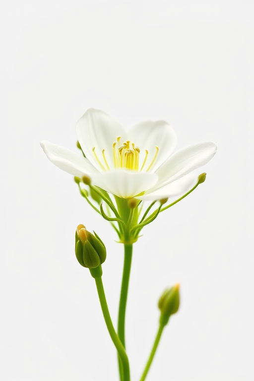 Create a high-resolution illustration of a delicate white flower with green stems and buds, shot with a macro lens, aperture at f/2.8, 35mm focal length, ISO 100, against a plain backdrop to enhance clarity and detail.