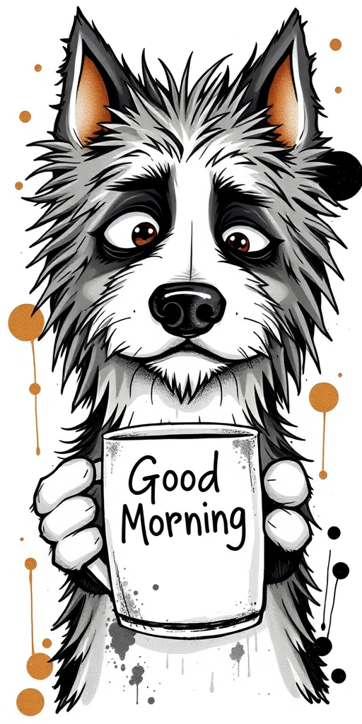A quirky, artistic illustration of a disheveled collie dog breed with exaggerated, large eyes and spiky fur, holding a coffee mug that reads "Good Morning". The dog has a tired but humorous expression, with ink splatters and abstract details surrounding it, giving a whimsical feel to the image. The color palette is mostly monochrome with hints of brown in the eyes and steam rising from the mug, enhancing the overall sleepy vibe