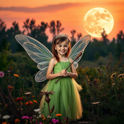 A vivid photo  taken under a bright camera flash of a fantastical scene set against a backdrop of a forest during sunset. The main subject is a girl dressed as a fairy, adorned with translucent wings and a green dress, holding a wand, her face is happy, and she wears a crown on her head. The forest behind her is a blend of flowers, shrubs and trees. The sky is painted in hues of orange and pink, with a large, glowing moon casting a warm glow over the scene. The overall color palette is dominated by earthy tones.
