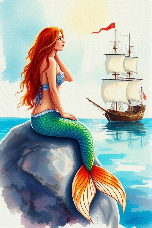 Create a high-resolution watercolor painting of a mermaid sitting on a rock with a ship in the background, using a Canon EOS R5 with a 50mm lens, f/1.8 aperture, ISO 100, in natural lighting, capturing vibrant colors and dynamic brush strokes.