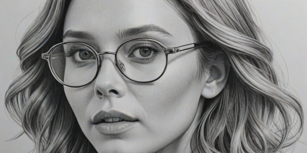 Alluring Elizabeth Olsen, pencil sketch, portrait of Dazzling woman 1973s in glasses, hair style beatnik, outline, clear lines, fine lines, 8k