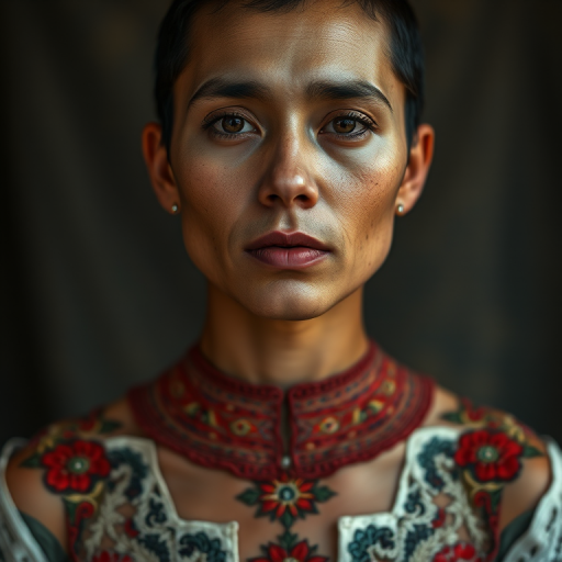 Face, shoulders, chest covered in openwork Druze embroidery. Raw, unedited image.