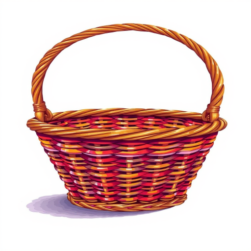 Create a detailed illustration of a wicker basket with two handles, showcasing its texture and woven design in vibrant colors, captured with a 50mm lens at f/2.8, ISO 100, and a soft focus background to enhance the image quality, using a DSLR camera style.