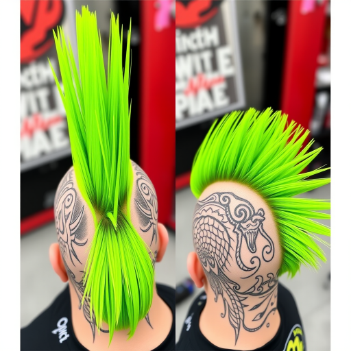 Vibrant lime green mohawk named "Toxic Spikes," features a tall, sculpted center strip with shaved sides adorned with intricate tribal-inspired patterns, creating a bold and edgy punk rock-inspired look