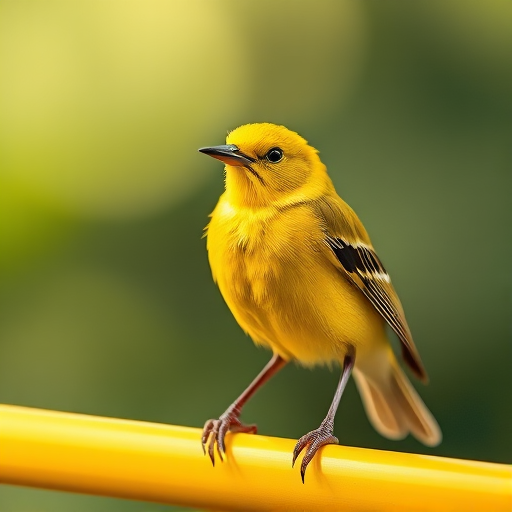 Create a high-quality illustration of a vibrant yellow bird perched on a yellow bar, using a Canon EOS 5D Mark IV with a 50mm f/1.8 lens, soft lighting, natural background, taken from a close-up angle to enhance colors and details.