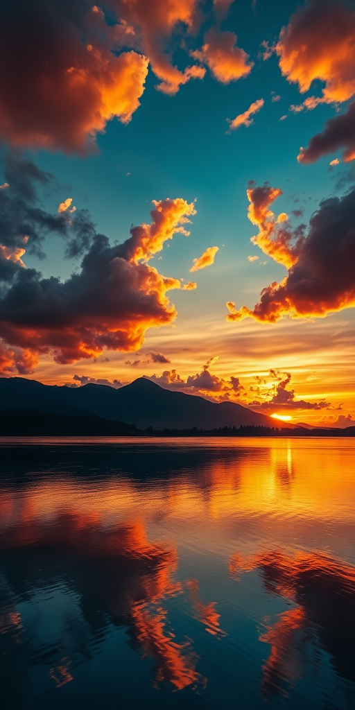 sunset over a serene lake with vibrant clouds reflecting on calm water, ISO 100, f/8, 1/125s, 24mm, DSLR, wide-angle view, natural lighting
