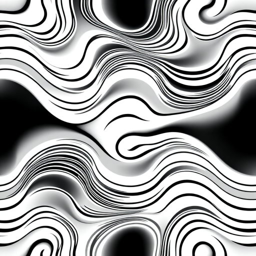 create a seamless pattern of wavy lines in black and white, high resolution, taken with a DSLR camera, aperture f/8, shutter speed 1/125s, ISO 100, top-down view, minimalistic style