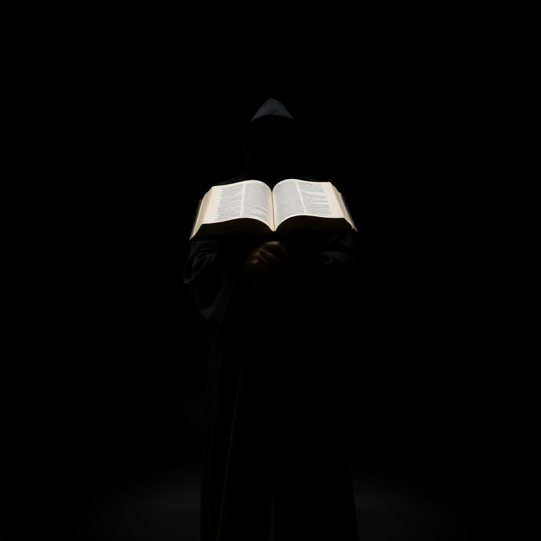 a shadowy figure with an open book for a head, wearing a long dark robe and holding a cane, against a minimalist dark background, high-resolution 4K, f/2.8 aperture, 50mm lens, soft diffused lighting, captured with a DSLR camera, low angle view