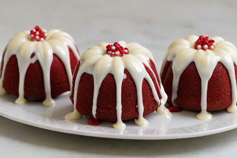 Create an image of three small red velvet bundt cakes arranged on a white rectangular plate. The cakes should have a rich red color with a white glaze dripping down the sides. Add small white decorative pearls on top for an elegant touch. The background should be simple and dark to emphasize the vibrant colors of the cakes.