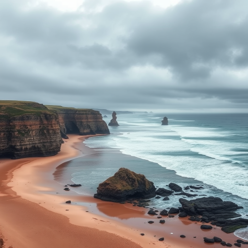 Capture a dramatic coastal landscape featuring towering rock formations along a sandy beach, with turbulent waves crashing against the shore under a moody sky, using a DSLR camera at f/8, ISO 100, shutter speed 1/250 sec, shot from a high vantage point with a wide-angle lens for increased detail and depth.