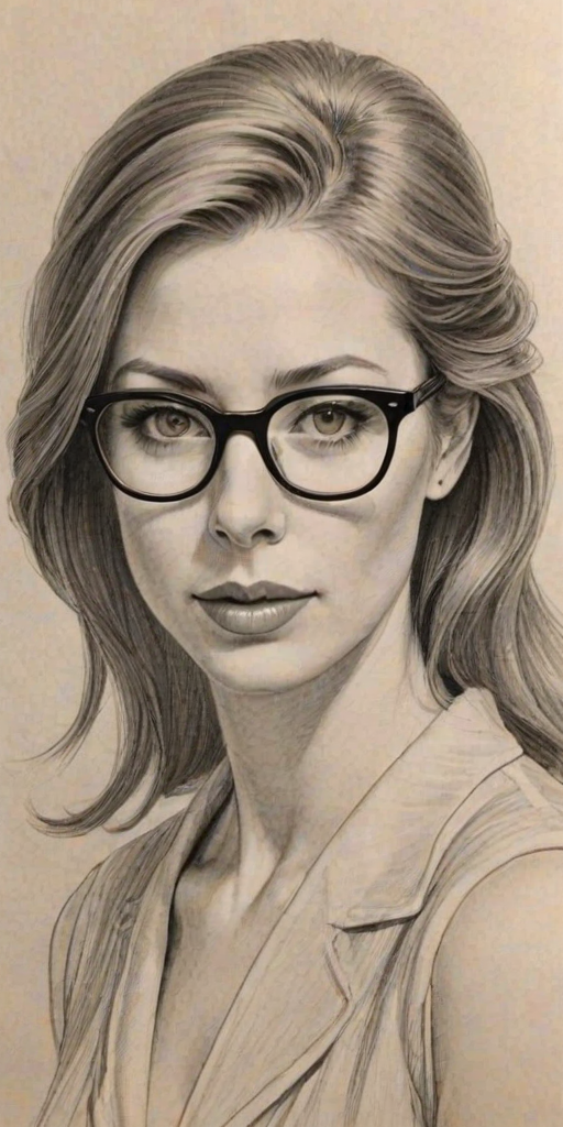 Gorgeous Diane Neal, pencil sketch, portrait of Sublime woman 1923s in glasses, hair style beatnik, outline, clear lines, fine lines, 8k