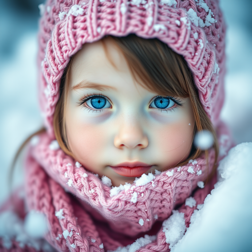 portrait of a young girl with bright blue eyes surrounded by snow, wearing a pink knitted hat and scarf, soft focus, natural light, 85mm lens, f/1.8 aperture, ISO 100, shallow depth of field, Canon EOS R5, winter scene