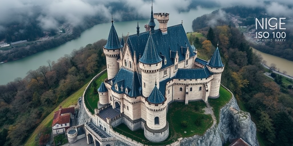 Regenerate the castle image with a 50mm lens, f/8 aperture, ISO 100, top-down view, high dynamic range photography, using a DSLR camera.