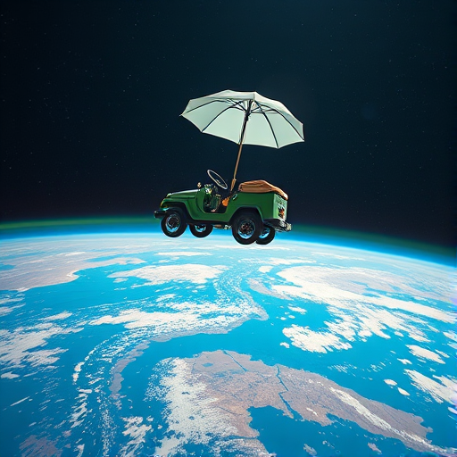 Create a surreal image of a whimsical vehicle with an umbrella floating in space above Earth, using a DSLR camera, 50mm lens, f/1.8 aperture, ISO 100, 1/200s shutter speed, in a wide-angle view to capture the vastness of space and vibrant colors of Earth, with a soft focus for an ethereal effect.