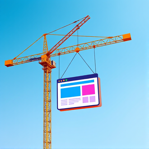 Create a digital illustration of a construction crane lifting a web browser window with a modern flat design, using high saturation colors and a minimalistic background, captured with a Canon EOS R5, 50mm lens, f/1.8 aperture, ISO 100, 1/200 sec shutter speed, in a bright daylight setting.
