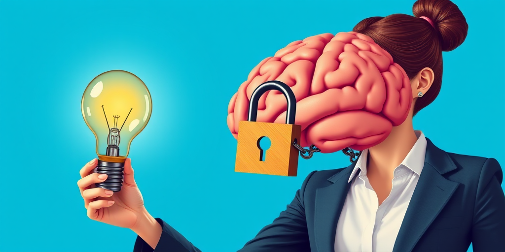 Create an illustration of a woman in a business suit holding a large light bulb-shaped key aimed at a brain that is locked with a padlock and chains, with a vibrant blue background, captured with a Canon EOS R5 at 50mm, f/2.8, ISO 100, natural lighting, and a focus on crisp details and vivid colors.