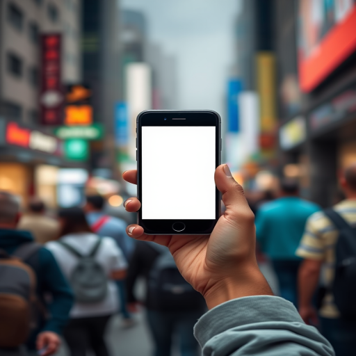 Create an image of a person holding a smartphone with a blank screen, in a busy urban environment, shot with a DSLR camera, 50mm lens, aperture set to f/2.8, ISO 200, and a shallow depth of field to blur the background, capturing a vibrant atmosphere of movement.