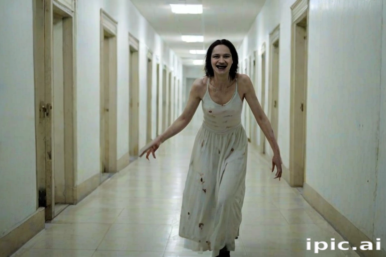 a crooked woman with long arms and a creepy smile is crawling along a long white corridor and you can also see cockroaches in it there is a creepy atmosphere creepy art style