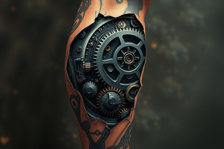 Edgy biomechanical body tattoo covering the entire leg, revealing intricate gears and circuitry beneath torn skin in a fusion of realism and sci-fi aesthetics
