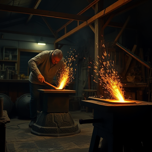 A blacksmith workshop at night with dramatic lighting, capturing sparks flying from molten metal, shot with a Canon EOS R5, 24mm lens, ISO 800, f/2.8, shutter speed 1/60s, using low-angle view and soft focus for depth.