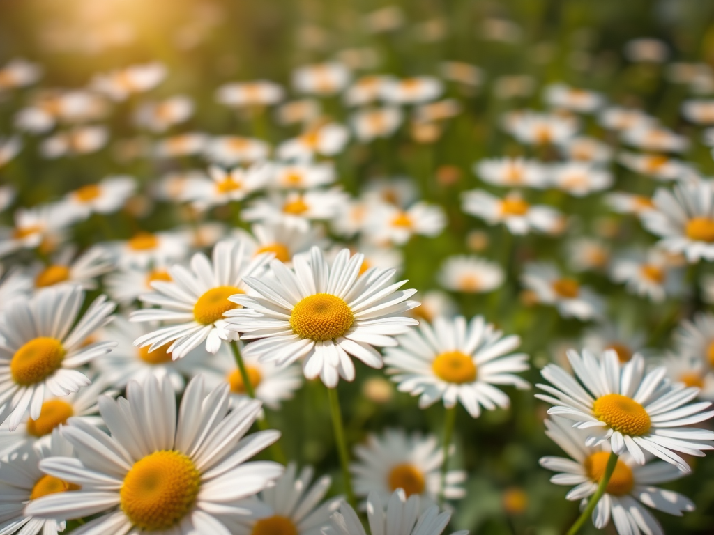 a close-up of a vibrant field of white daisies with yellow centers under bright sunlight, aperture f/2.8, shutter speed 1/500s, ISO 200, shot with a DSLR camera, using a 50mm lens for sharp focus and depth of field effect
