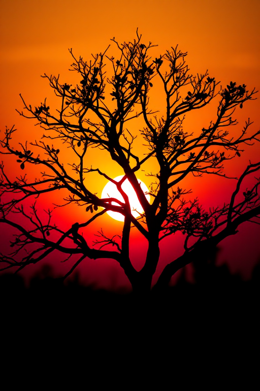 Create an artistic black silhouette of a tree with intricate branches and leaves against a vibrant sunset background, shot with a DSLR camera at f/8 aperture, ISO 100, 50mm lens, with a slightly blurred foreground to enhance depth of field.