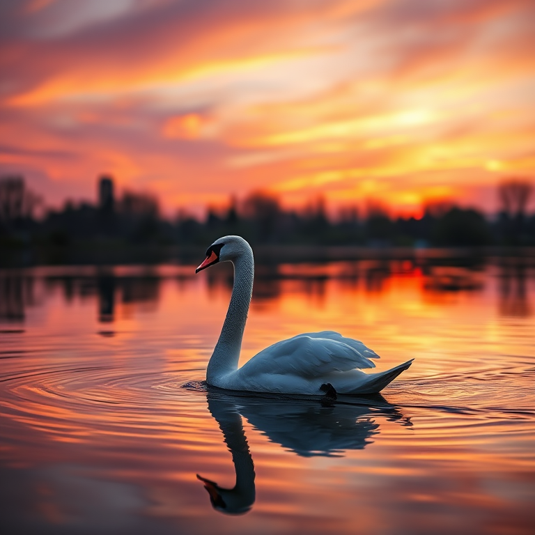 swan gracefully gliding on a reflective lake at sunset with vibrant purple and orange hues in the sky, shot with a Canon EOS 5D Mark IV, 85mm lens, aperture f/2.8, shutter speed 1/500s, ISO 200, soft focus background for enhanced depth.