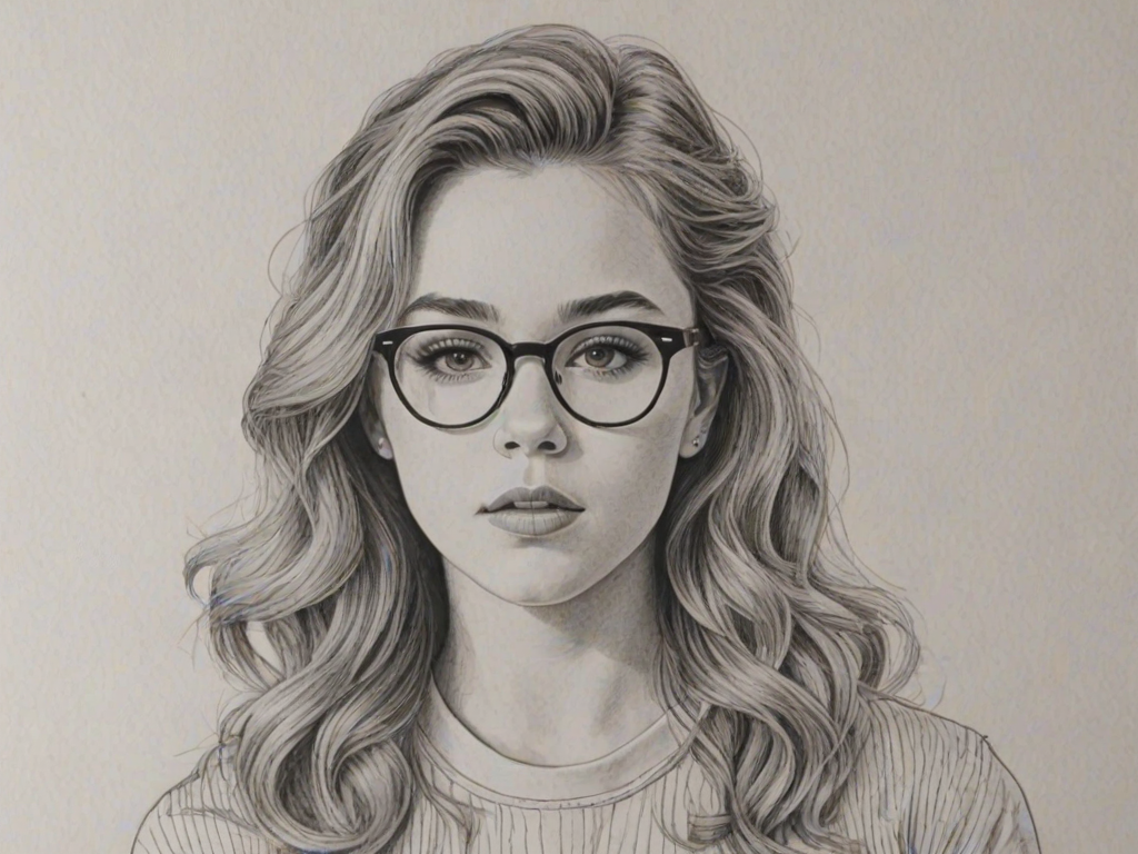 Resplendent Brec Bassinger, pencil sketch, portrait of Sublime woman 1965s in glasses, hair style beatnik, outline, clear lines, fine lines, 8k
