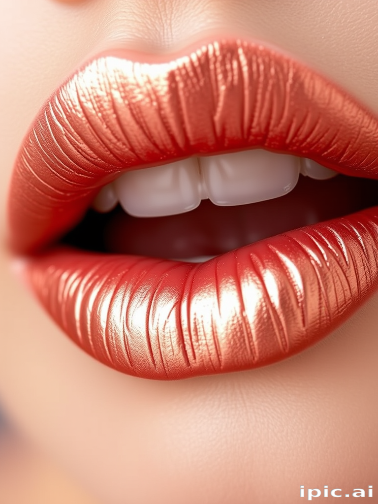 Metallic rose gold lips with a foiled texture, named "Gilded Petals," featuring delicate floral imprints and a subtle metallic sheen for an elegant and eye-catching appearance