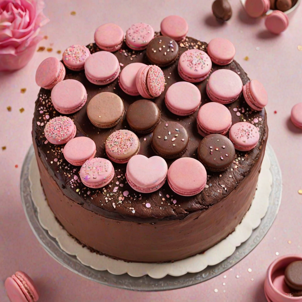 Create an image of a round chocolate cake topped with pink macarons and heart-shaped decorations. The cake should have a smooth chocolate frosting and be adorned with delicate whipped cream swirls. Add sprinkles and edible glitter for a festive touch, with a soft, light-colored background.